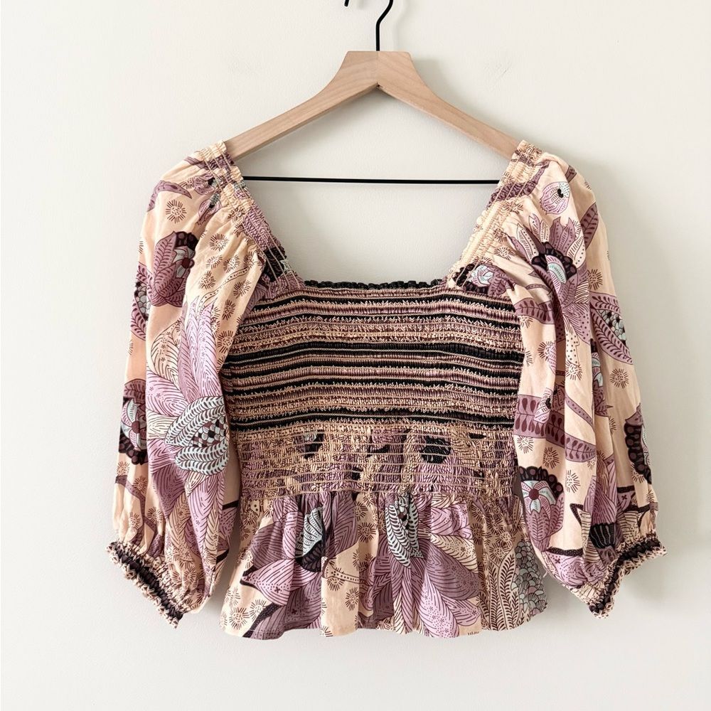 Omika Handmade Smocked Puff Sleeve Blouse in Cream Purple Floral Size S